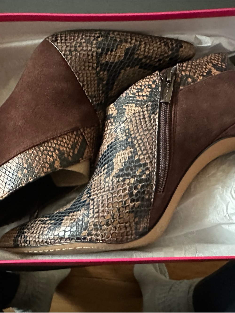 Vince Camuto Brown Snakeskin-Accent Ankle Booties with Side Zip